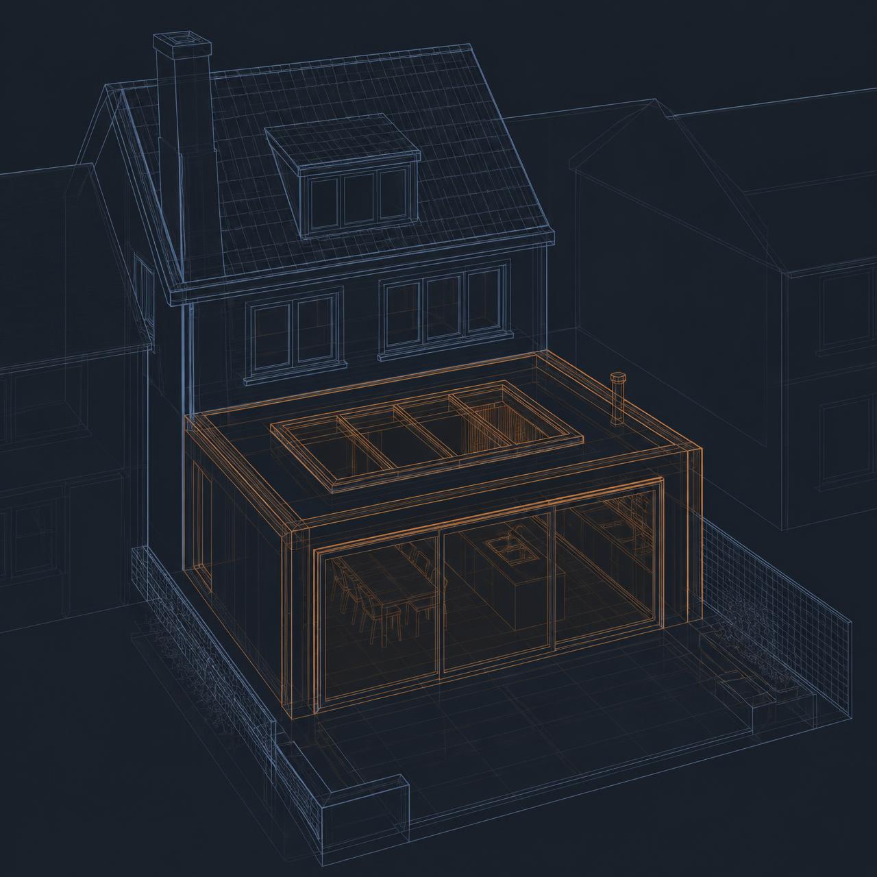 3D-wireframemodel van een woonhuis met aanbouw, uitgewerkt in een bouwkundige tekening